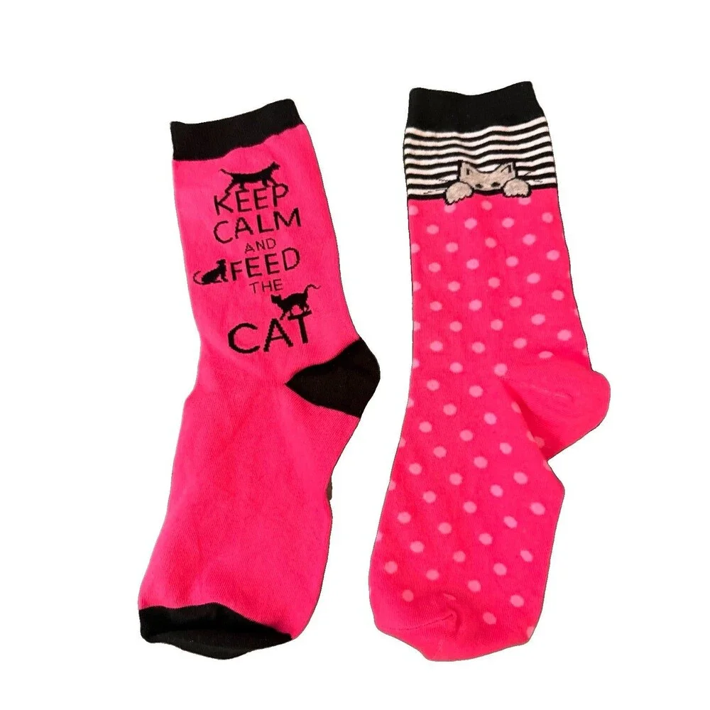 K Bell Womens Cat Crew Socks Lot 2 Pink Novelty Kitty Shoe Size 4-10 New